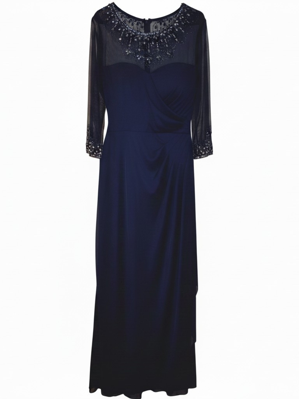 Alex Evenings Navy Long Sleeve Beaded Evening Gown Sz 14 Mother of Bride/Groom